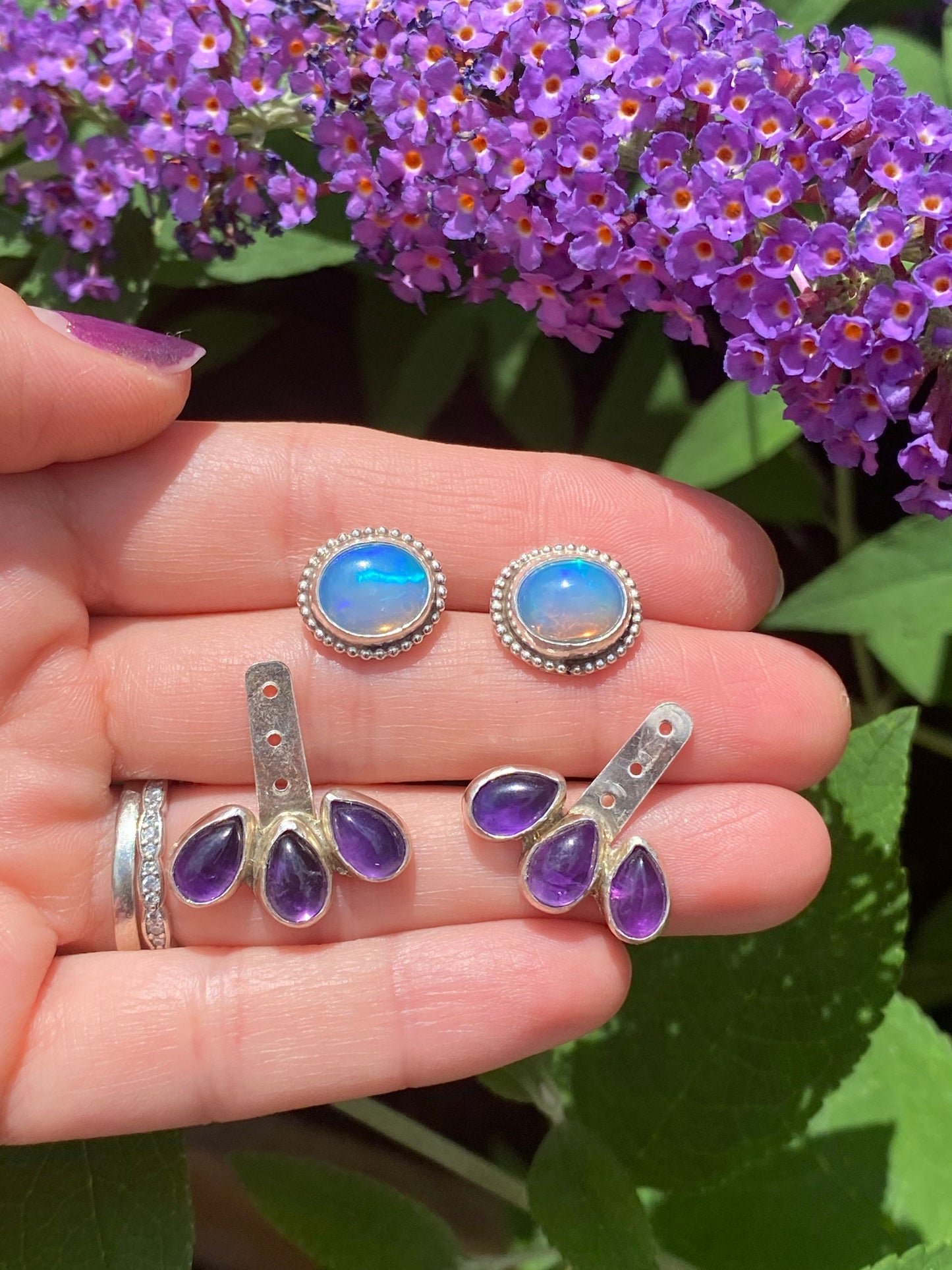 Opal and Amethyst Ear Jackets