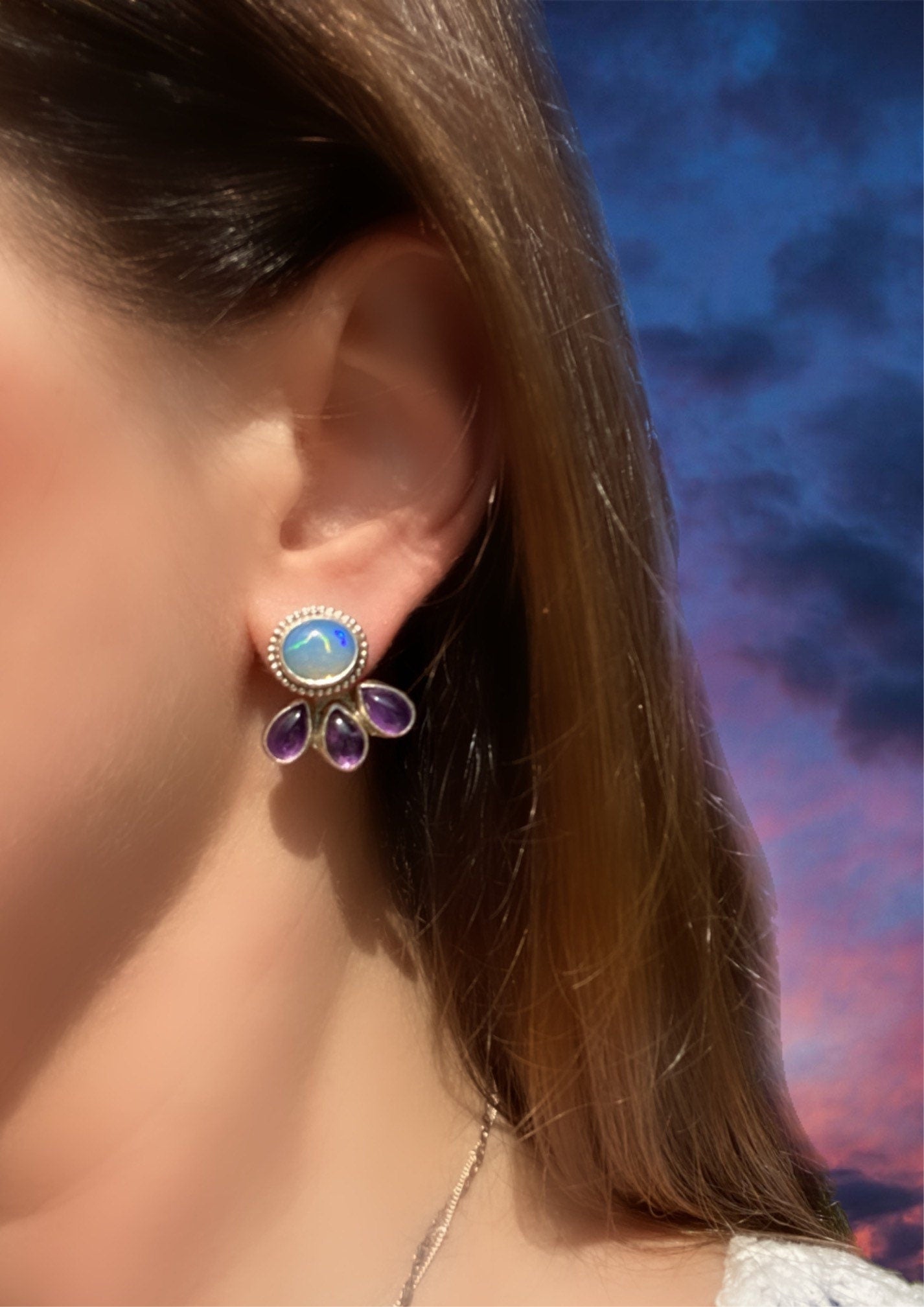 Opal and Amethyst Ear Jackets