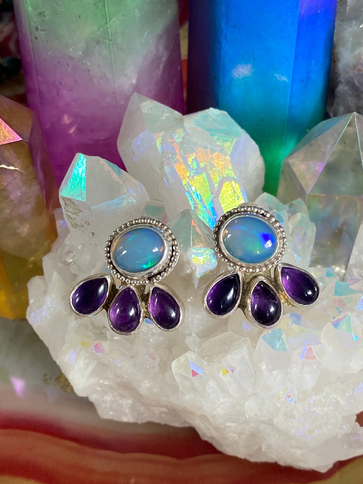 Opal and Amethyst Ear Jackets