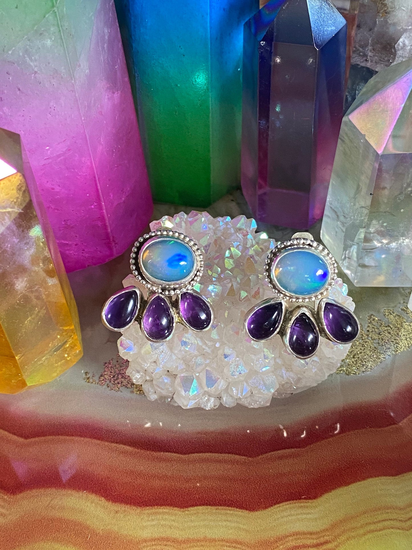 Opal and Amethyst Ear Jackets