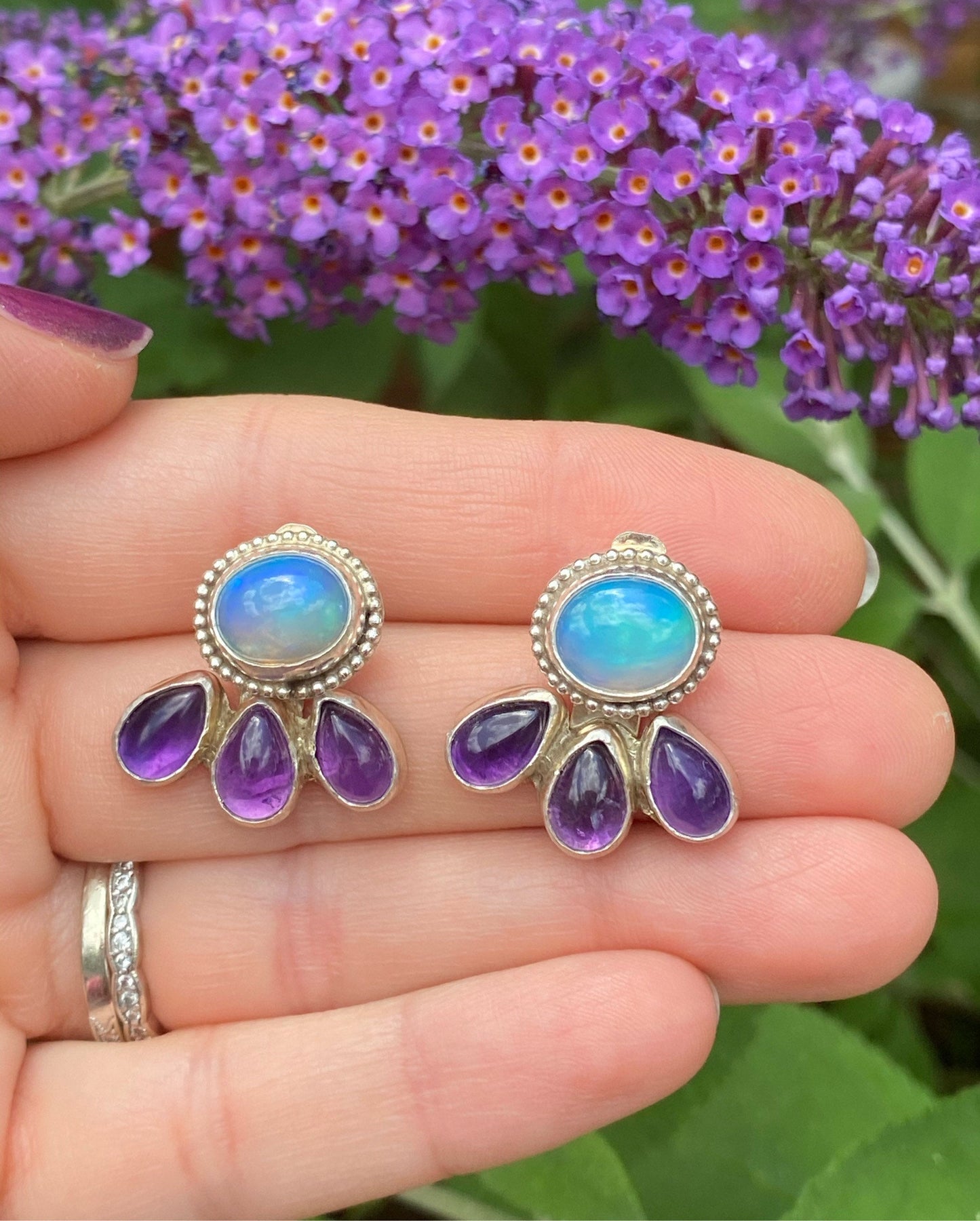 Opal and Amethyst Ear Jackets