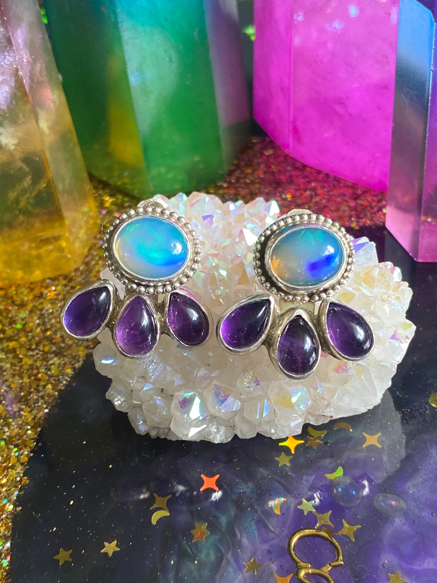 Opal and Amethyst Ear Jackets