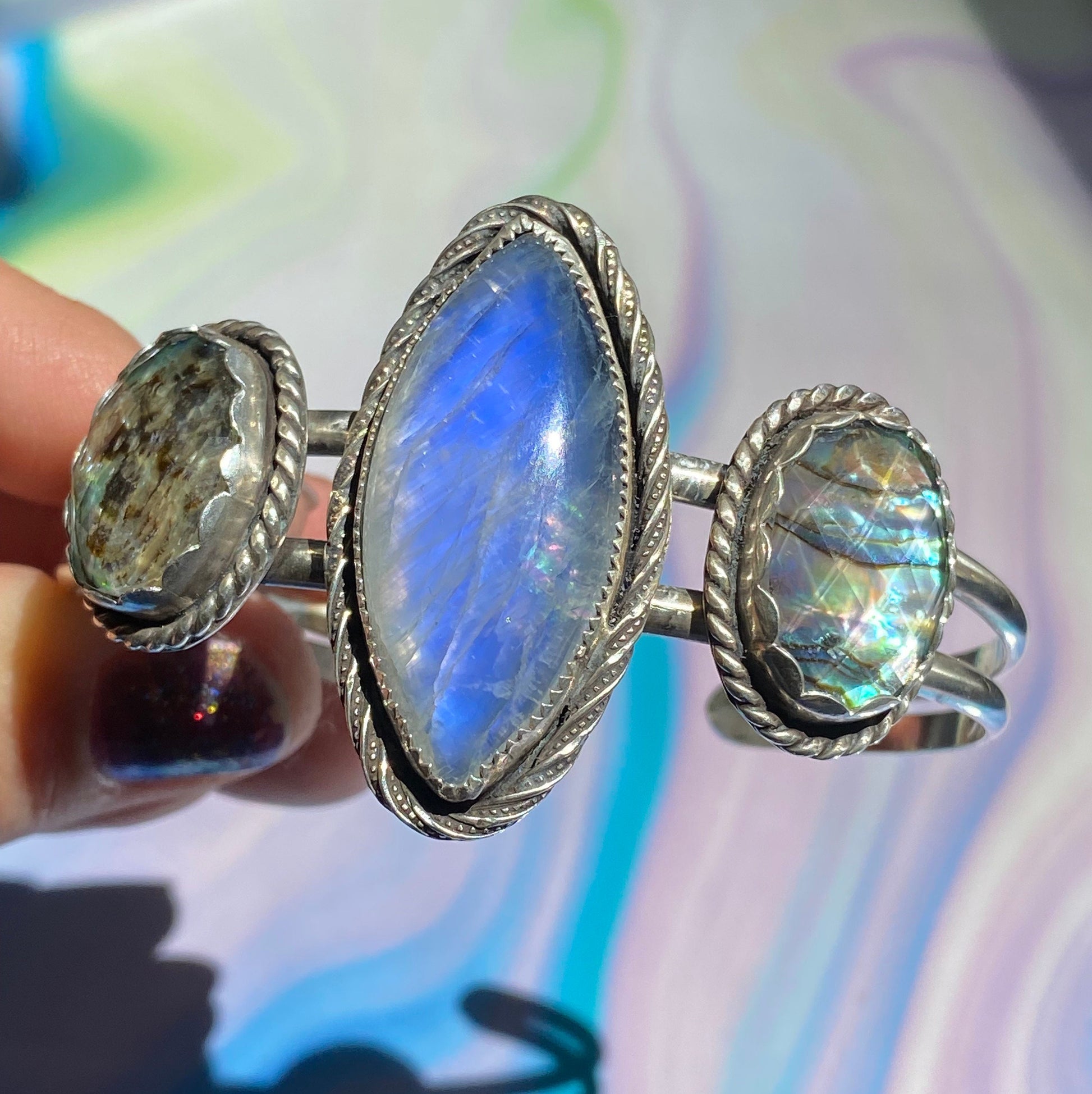 Moonstone and Abalone/Quartz – Cuff thebohemianfairie a //Once Upon Collecti Dream Doublet