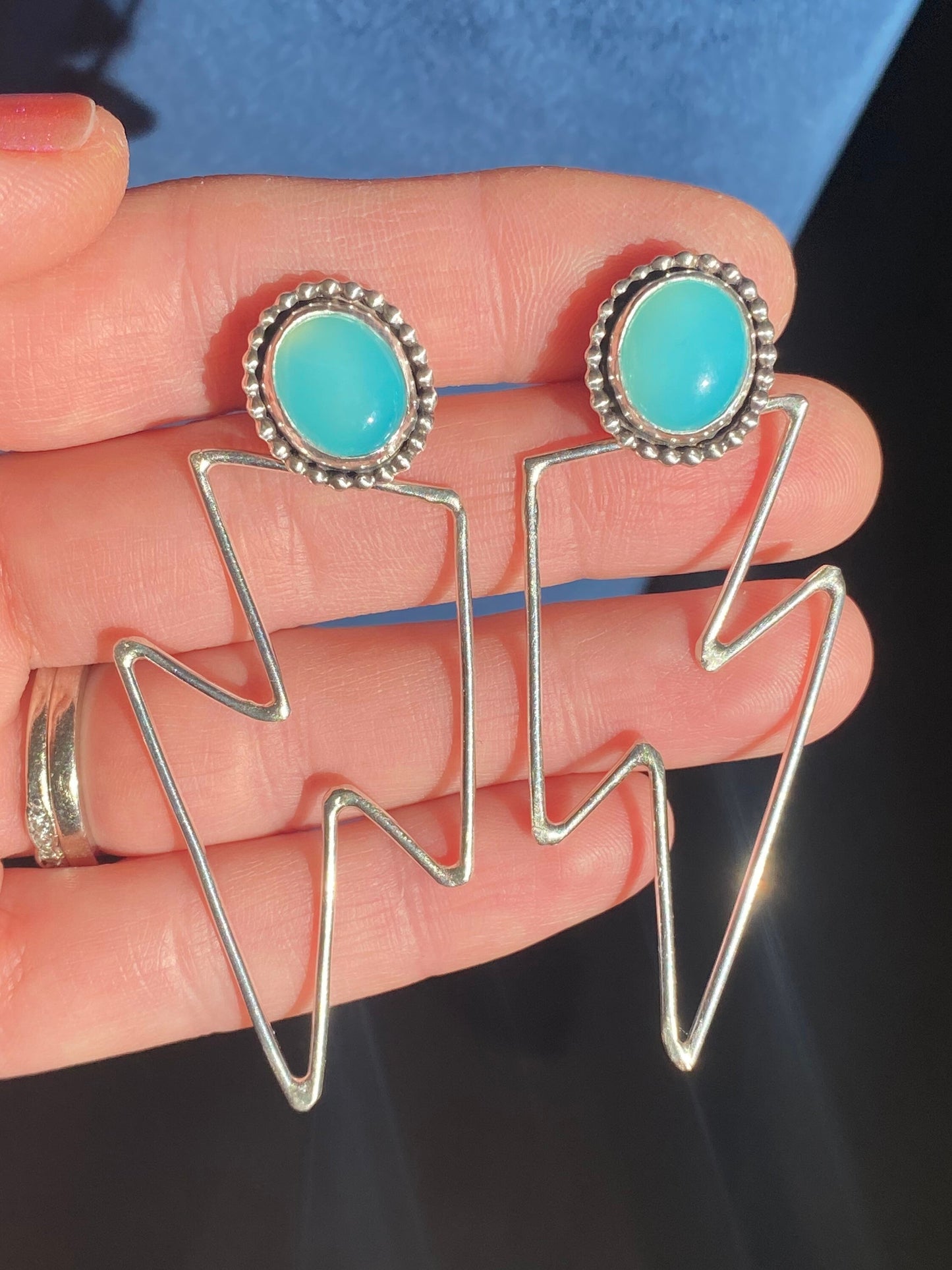 She’s Electric // Aqua Chalcedony Studs and Sterling Silver Bolt Jacets