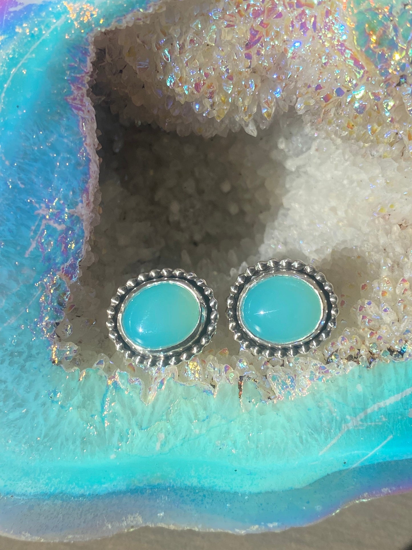 She’s Electric // Aqua Chalcedony Studs and Sterling Silver Bolt Jacets