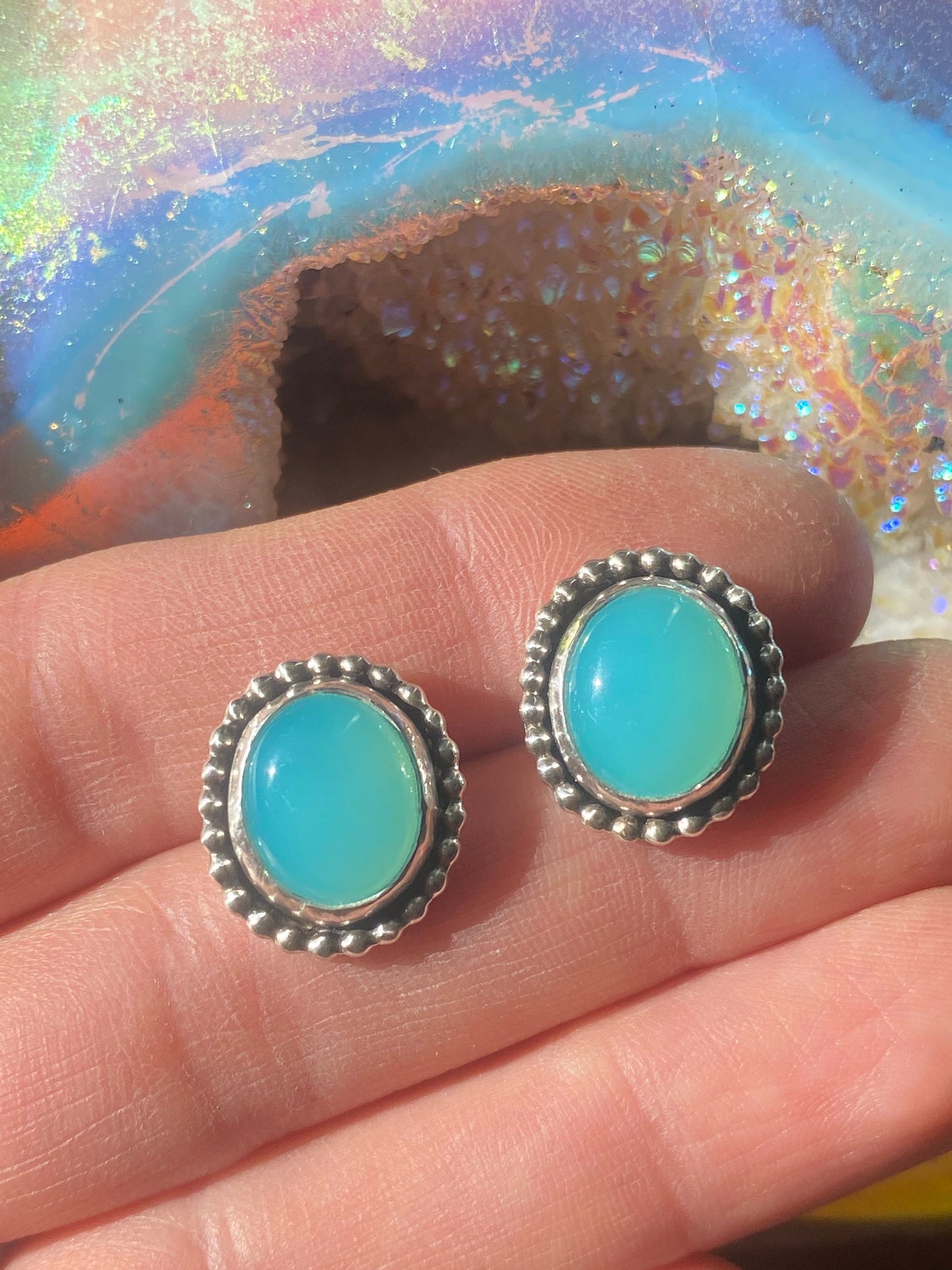 She’s Electric // Aqua Chalcedony Studs and Sterling Silver Bolt Jacets